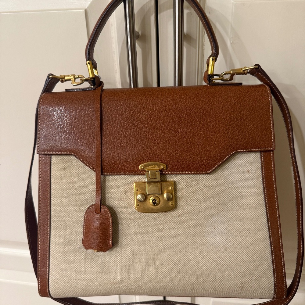 GUCCI CANVAS AND TEXTURED-LEATHER TOTE BAG DIANA